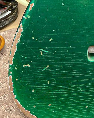 Relic'd Kryptonite Green Strat Body with Heavy Aging & Distressing. Close Up.