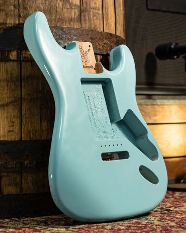 Heritage VOS Daphne Blue on a Stratocaster Body. Front.