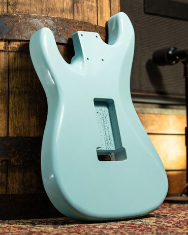 Heritage VOS Daphne Blue on a Stratocaster Body. Rear.