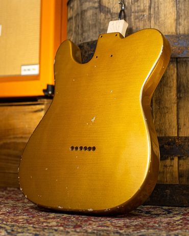 Relic'd Firemist Gold Telecaster Body with Medium Aging and Distressing. Rear Shot.