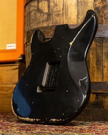 Relic'd Black Stratocaster Body with Medium-Heavy Aging and Distressing. Rear Shot.