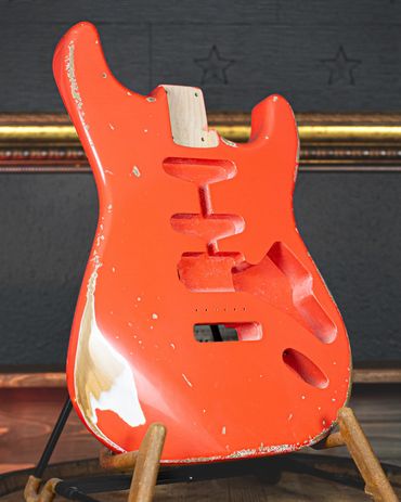 Relic'd Fiesta Red Strat Body with Heavy Aging & Distressing. Front Shot.