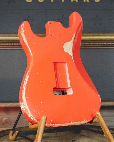 Relic'd Fiesta Red Strat Body with Heavy Aging & Distressing. Rear Shot.
