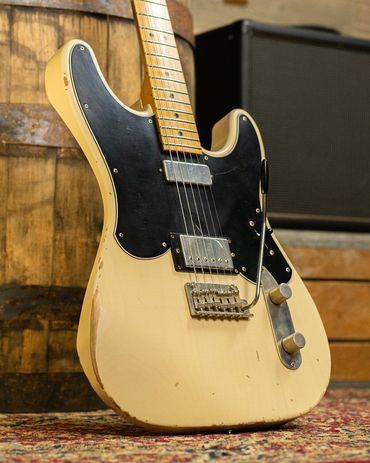 Relic'd Vintage Blonde Maverick Body with Medium Aging and Distressing. Front Shot.