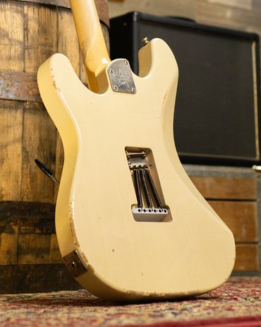 Relic'd Vintage Blonde Maverick Body with Medium Aging and Distressing. Rear Shot.