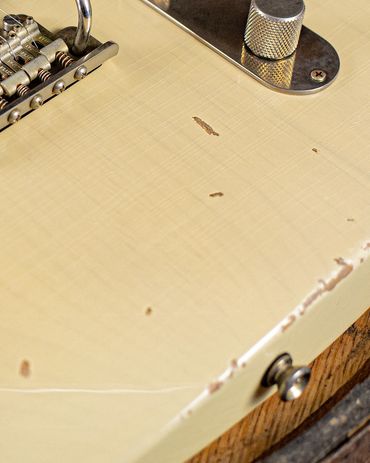 Relic'd Vintage Blonde Maverick Body with Medium Aging and Distressing. Close Up.