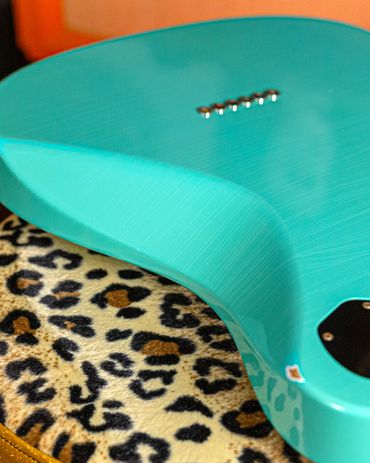 Relic'd Seafoam Green Tomcat Body with Light Aging and Distressing. Close Up.