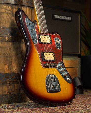 Relic'd '65 3-Tone Sunburst Jaguar Body with Medium Aging and Distressing. Front Shot.