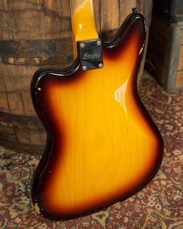 Relic'd '65 3-Tone Sunburst Jaguar Body with Medium Aging and Distressing. Rear Shot.