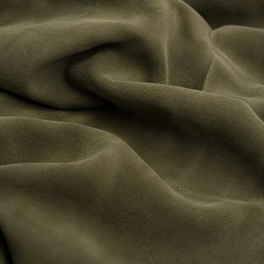 Muted Fynbos Olive nubuck leather softly draped to reveal its velvety nap