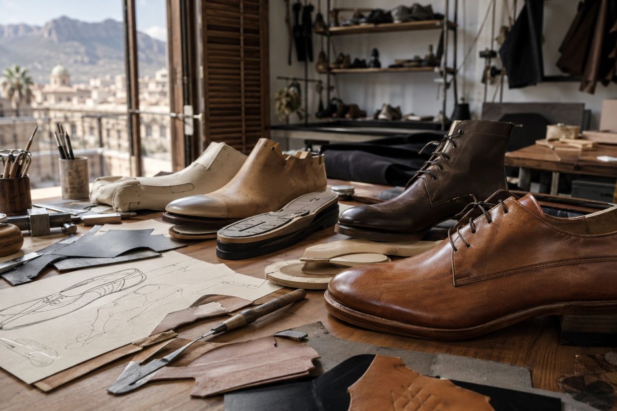 Handcrafted leather shoes and tools on a workbench.