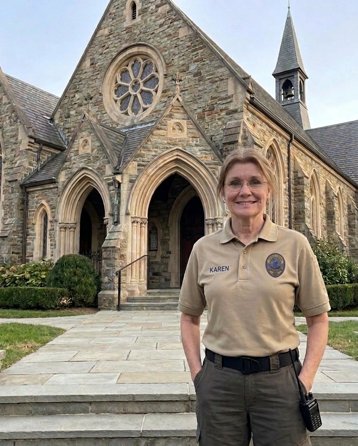 Woman in uniform standing in front of stone church.