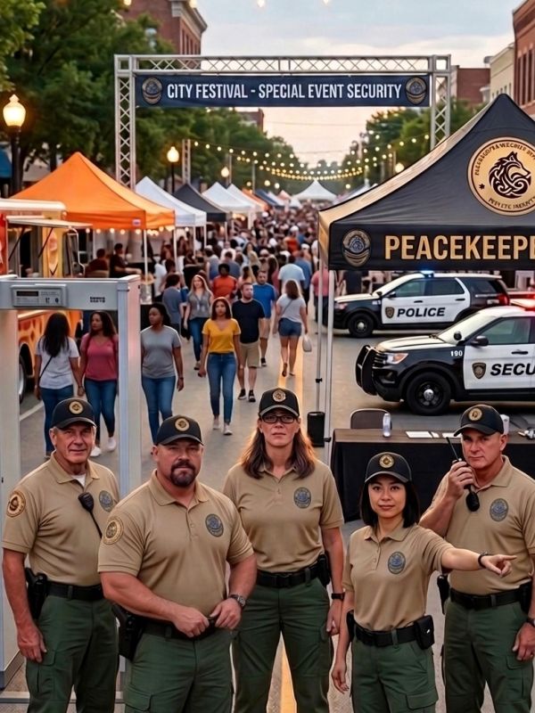 Security team at city festival entrance.