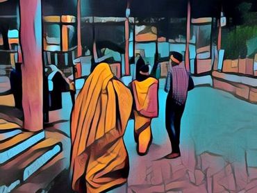 People walking near a building with colorful attire in a stylized art effect.