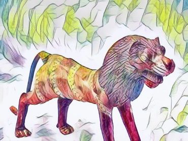 Colorful abstract lion sculpture with vibrant surroundings.