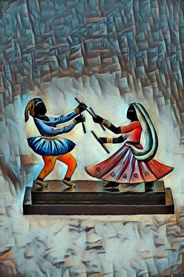 Stylized artwork of two dancers performing a traditional stick dance.