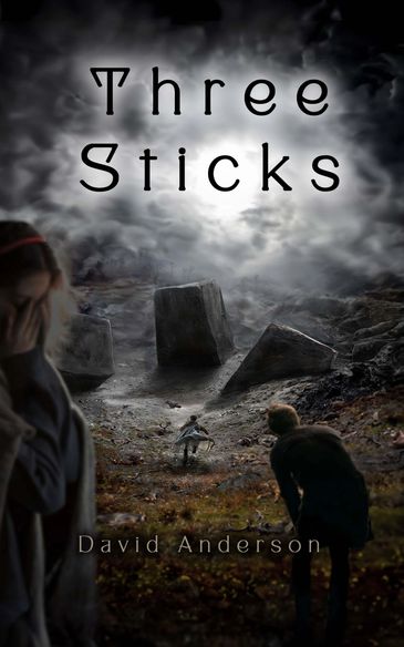 In the cover of Three Sticks by David Anderson, a boy sprints to a prone person by three megaliths