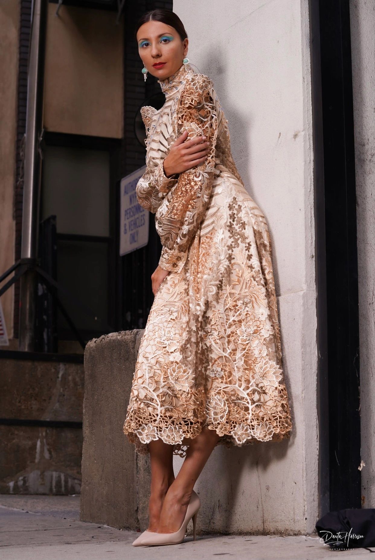 Tan Guipure Lace Couture Evening Dress ined  in Bemberg.