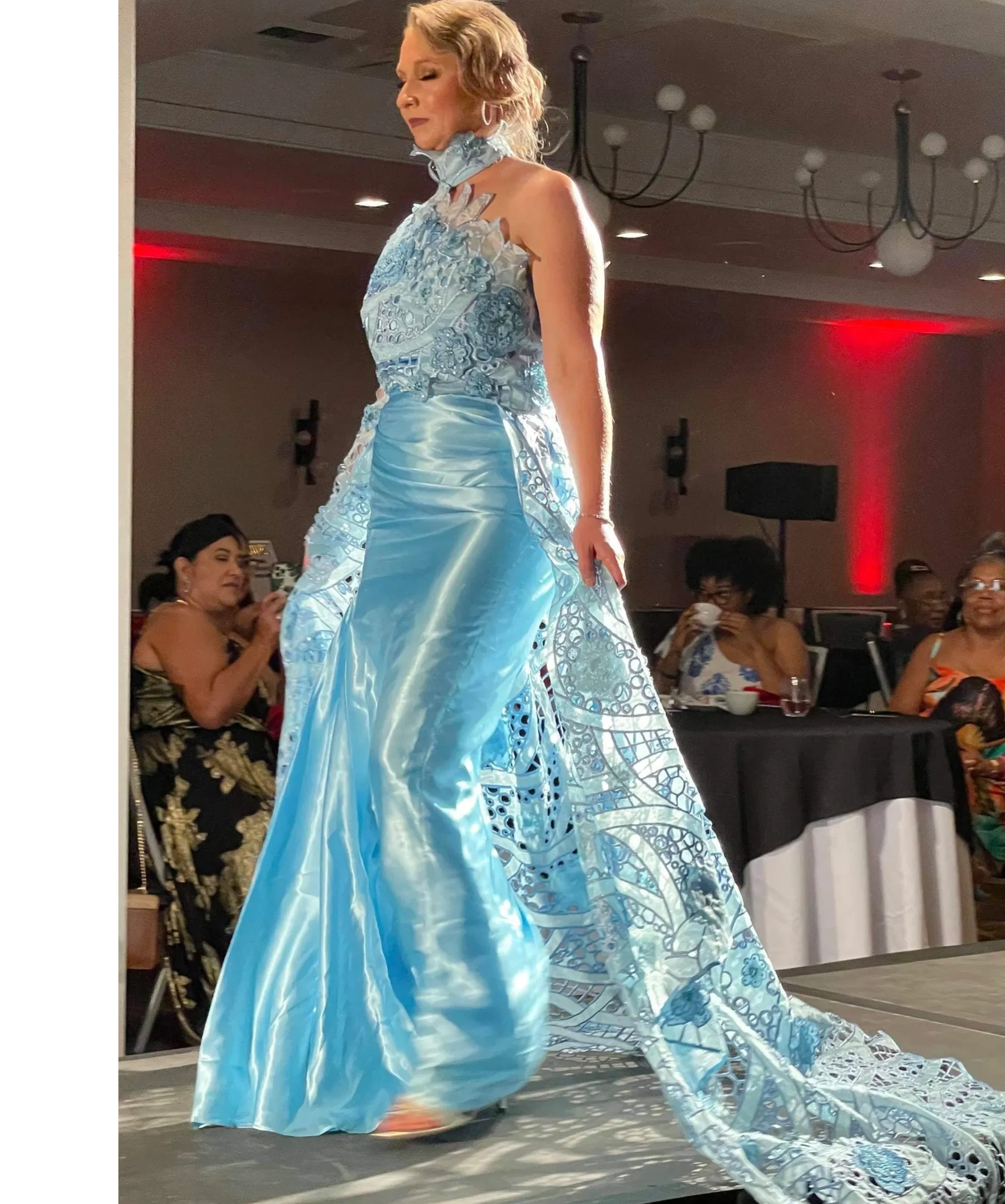 Baby Blue Charmeuse and Silk Organza Lace Couture Gown, lined in charmeuse.