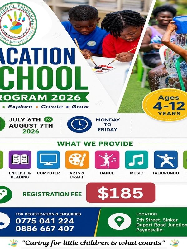 School program for ages 4-12, July 6 to August 7, 2026, with various activities.