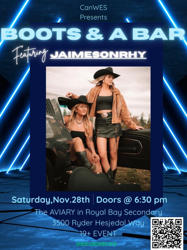 Event poster for Boots & A Bar featuring Jaimesonrhy on Nov 28th at the Aviary, Royal Bay Secondary.