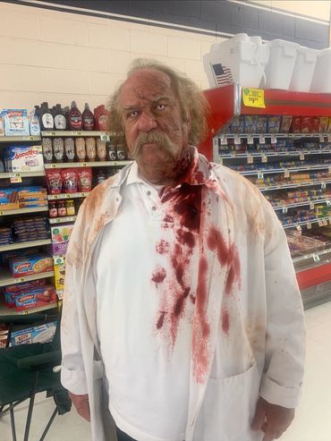 On set as a zombie butcher