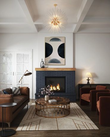 Cozy modern living room with dark brick fireplace, leather sofa, and warm lighting.