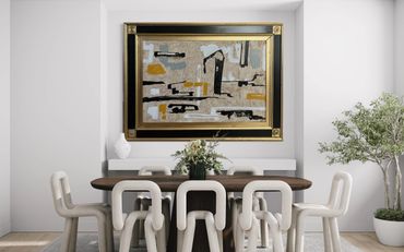 Modern dining room with abstract art and unique white chairs.