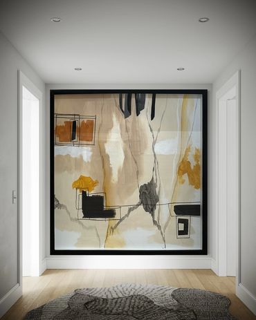 Abstract art painting in a modern hallway with wood flooring.