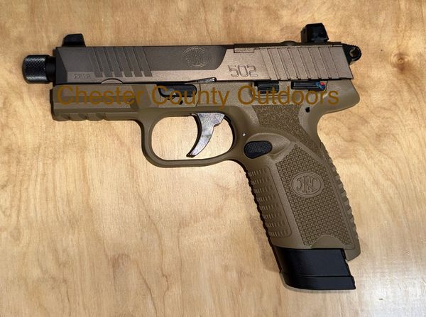 FN  502 TACTICAL SAO 22 LR, 4.6" TB , FLAT DARK EARTH, FIXED SUPPRESSOR HEIGHT SIGHTS, AMBI TS OR