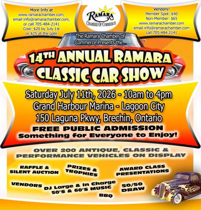 Flyer for the 14th Annual Ramara Classic Car Show on July 11, 2026, with free public admission.