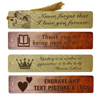 Four engraved wooden bookmarks with sentimental and customizable messages.