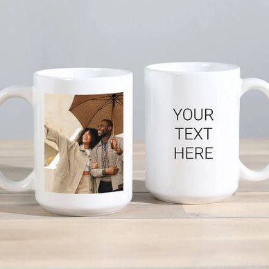 Customizable white mug with a photo and editable text space.