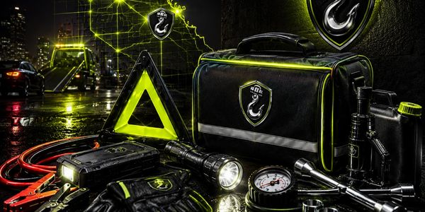 Branded roadside assistance equipment in black, silver, and neon lime, representing dependable 24/7