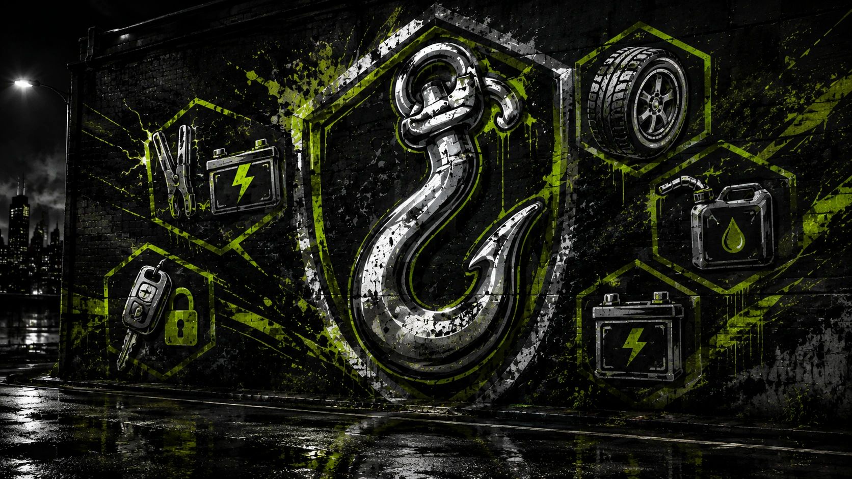 Street-art mural with a chrome hook and roadside service symbols in black, silver, and neon lime.