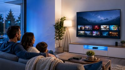 Family watching TV together in a cozy living room.