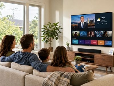 Family watching TV in a cozy living room.