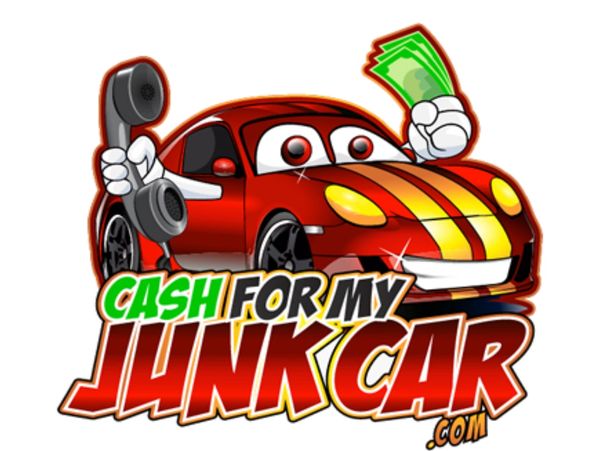 Cartoon red car holding money and phone with 'Cash for My Junk Car' text.
