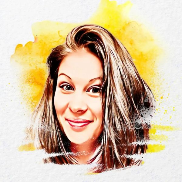 Digital portrait of a smiling woman with vibrant yellow background splash.