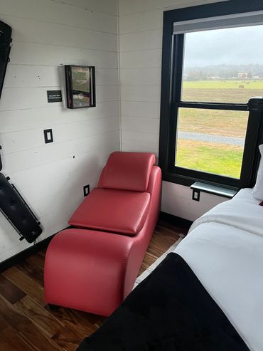 Red Tantric couch and display case showing sex toys that can be purchased.