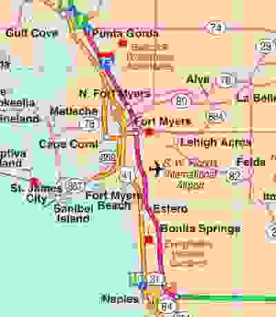 A map of Southwest Florida, showing Lee, Collier, Hendry, Charlotte, Glades, and Sarasota counties.