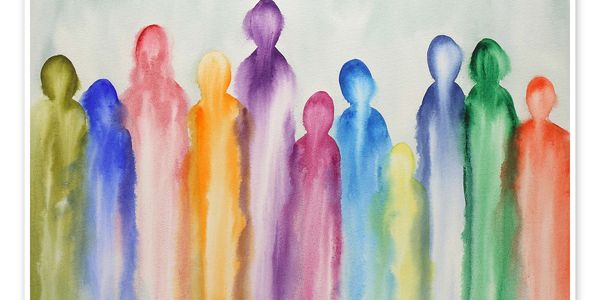 Watercolor silhouettes of diverse people in vibrant colors.