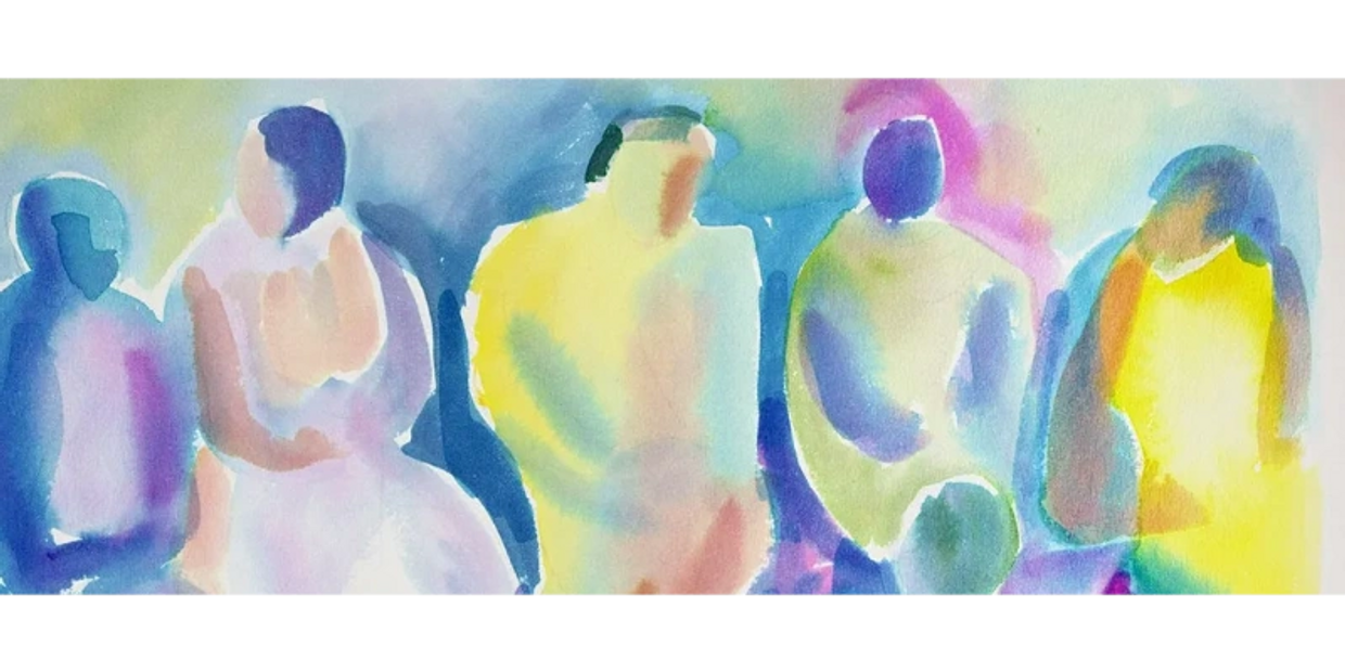 Abstract watercolor painting of five faceless figures sitting together.