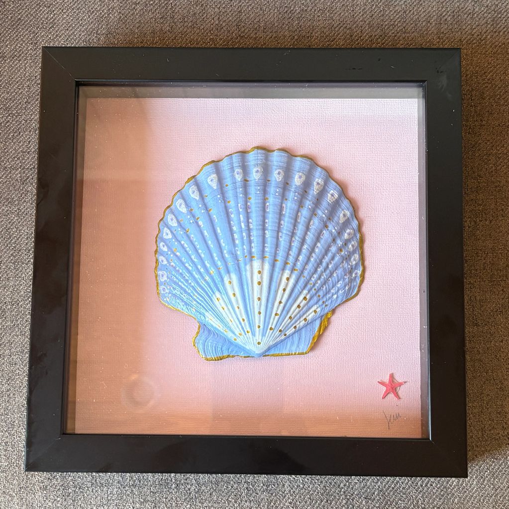 Framed blue seashell artwork on pink background.