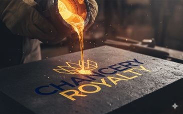 Molten gold being poured onto a luxury brand logo.