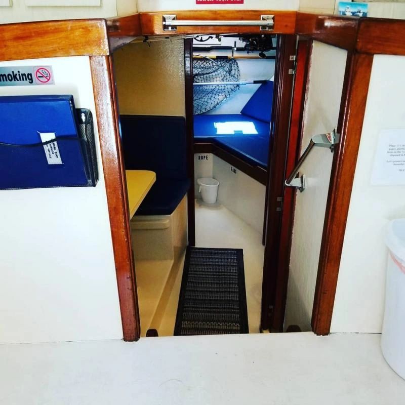 Looking downstairs in the cabin of the charter boat Hard Charger in Destin, FL.
