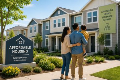 Family admiring affordable housing community with welcoming homes.