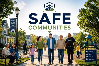 Diverse community members and police enjoying a sunny day promoting safe communities.