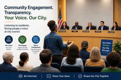 Community member speaking at city council meeting promoting engagement and transparency.