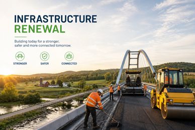 Construction workers renewing a bridge with heavy machinery at sunset.